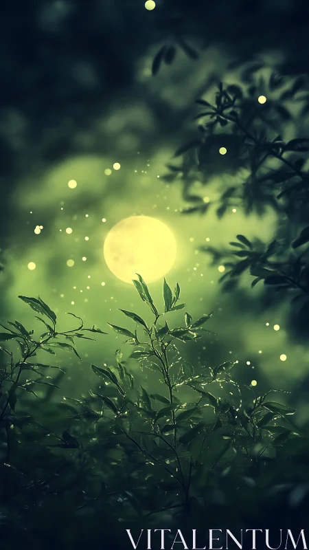 Enchanted moonlit forest glows softly with wandering fireflies