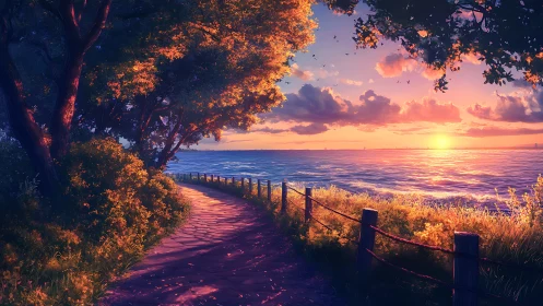 Sunlit coastal path beside calm sea at vivid sunset.