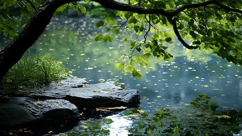 Photorealistic woodland pond with overhanging verdant canopy.