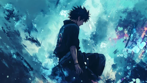 Solitary anime warrior in turbulent cyan energy storm.