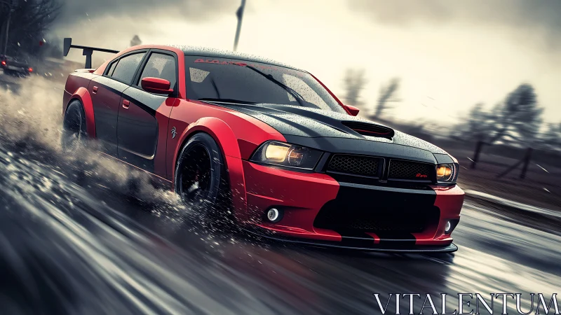 Rain-slashed muscle car lunges through storm-lit asphalt.