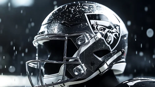 Storm-lit football helmet glowing under the night rain.