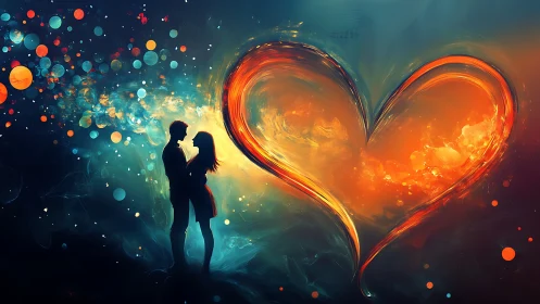 Silhouetted couple figures positioned before luminous heart form with particle effects.