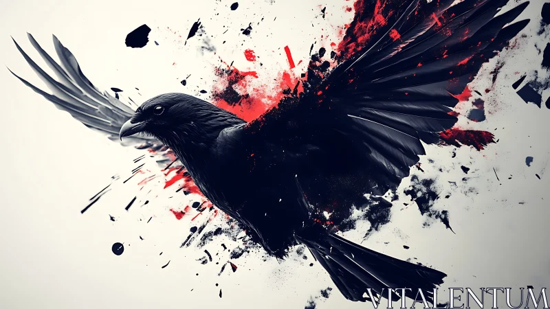 Dark raven erupts in dynamic ink and blood red splashes