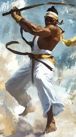 Whirling capoeirista carves bright arcs through coastal wind