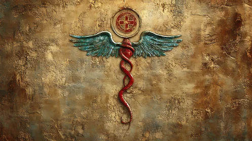 Winged serpent caduceus on textured golden wall art.