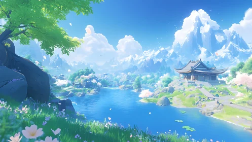 Serene fantasy lake with temple and distant snowy peaks.