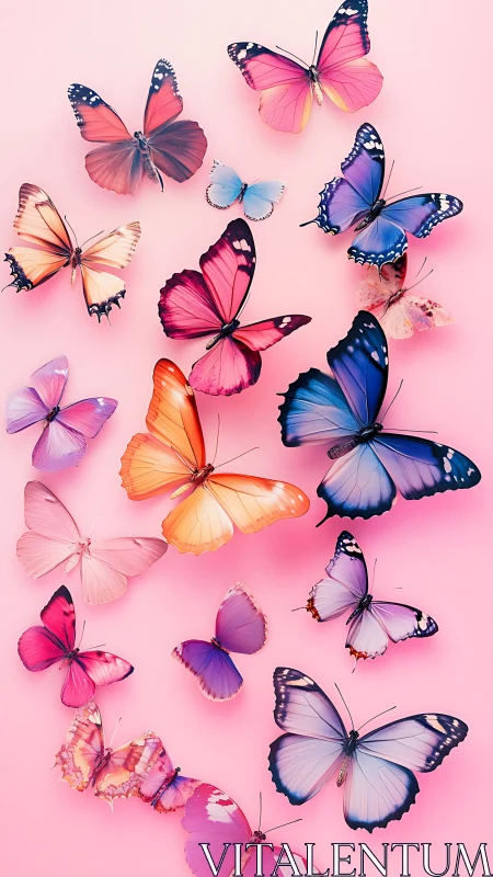Radiant multicolored butterflies drifting on soft pink field.