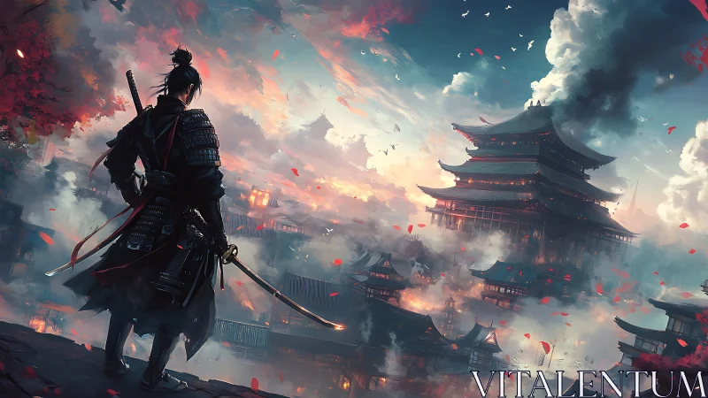 Lone samurai quietly surveys a misty, firelit mountain city