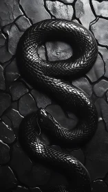 Coiled black serpent rendered with high-gloss photoreal contrast