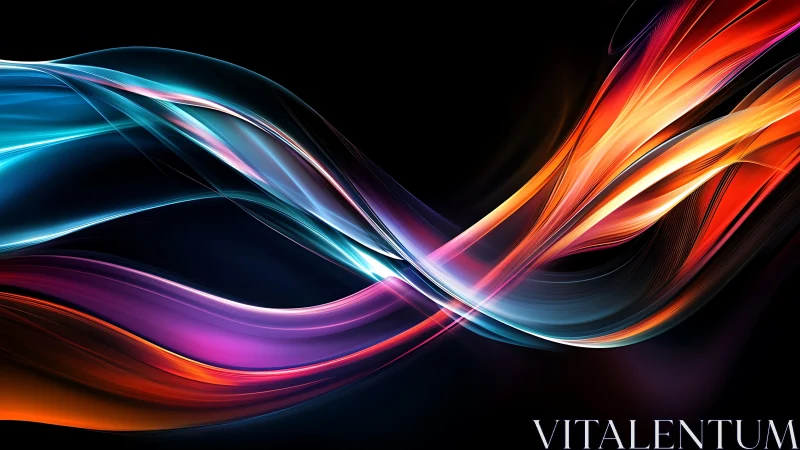Curved multicolor light ribbons on dark digital background.