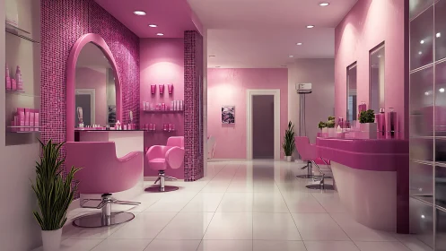 Vivid pink beauty salon interior with glossy modern finish.