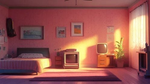 Retro bedroom interior with warm cinematic sunset lighting.