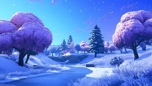 Soft winter river drifts beneath pink snowlit trees at dusk