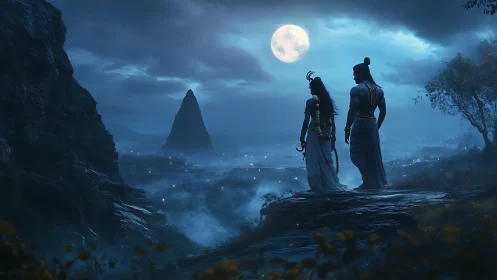 Divine couple on cliff overlooking misty moonlit valley.