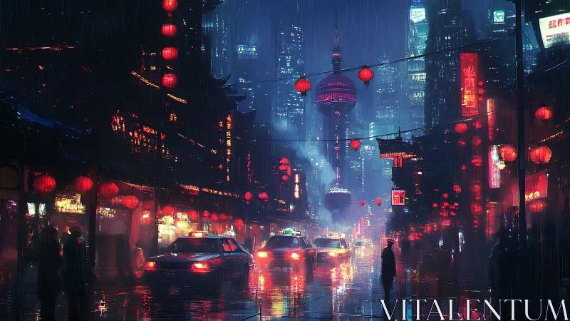 Neon drenched cyberpunk street converges toward futuristic tower