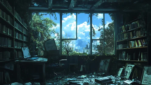 Sunlit overgrown library office in silent urban ruin.