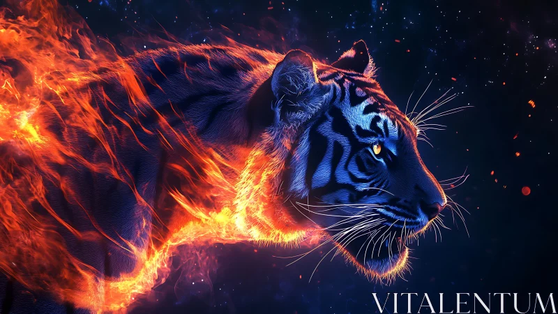 Fiery tiger profile blazes through deep cosmic night