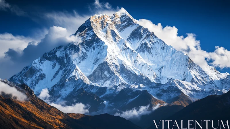 Snowbound Himalayan peak under dramatic cloud canopy.
