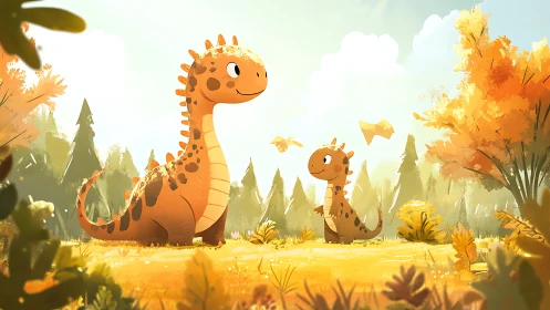 Two cartoon dinosaurs stand in a bright autumn forest clearing