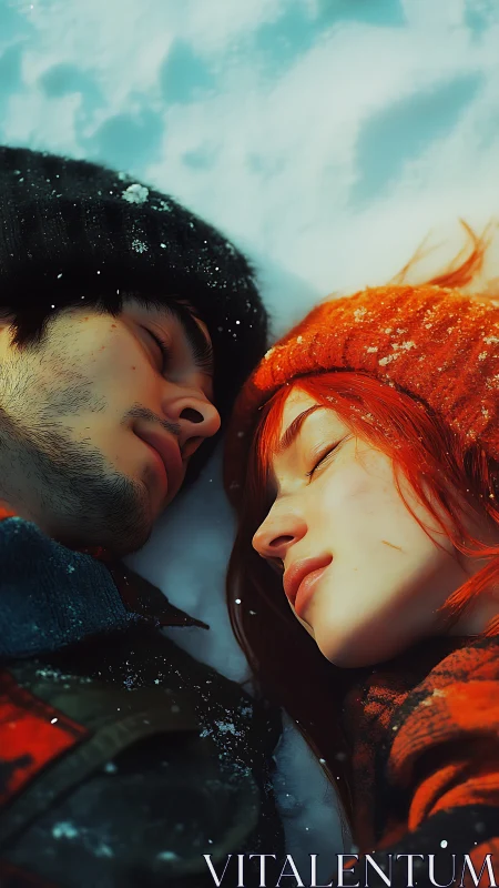 Two figures with contrasting colored knits in snowy landscape.