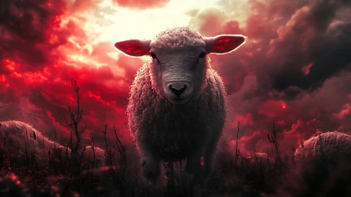 Sheep stands in dramatic red backlit stormy landscape