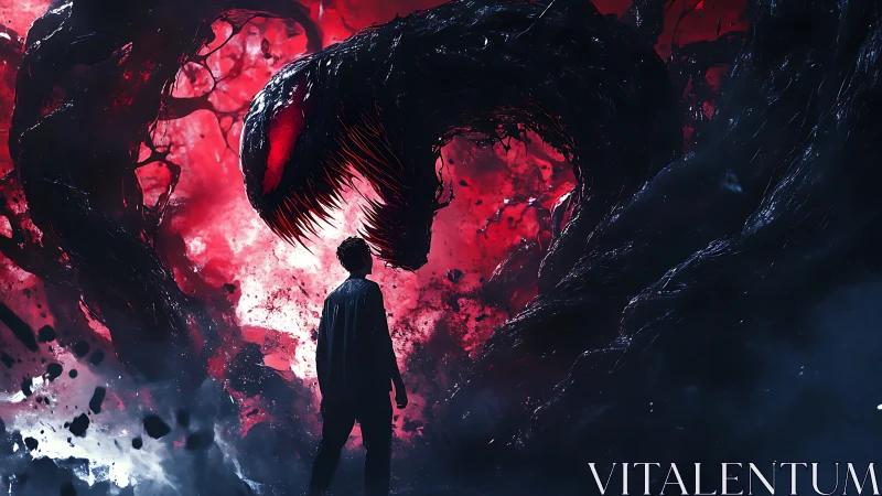 Shadow boy bargains with a red void and its monstrous grin