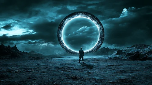 Lone wanderer greeting a glowing alien portal of storms.