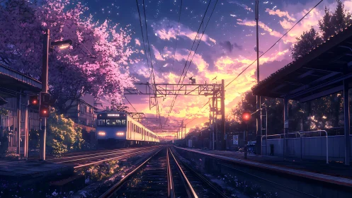 Evening train gliding through cherry blossoms at dusk.
