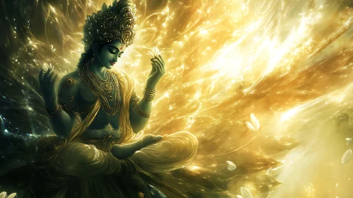 Divine blue deity in radiant golden cosmic meditation.
