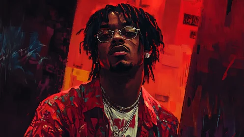 Urban musician stands in bold red neon portrait scene.