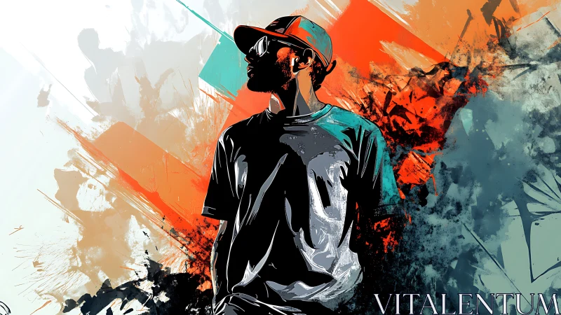 Urban figure in cap amid bold abstract color field.