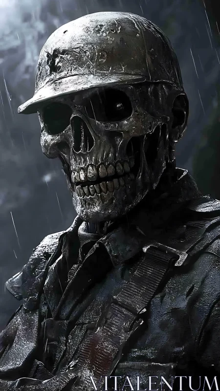 Skeletal soldier figure in rain-worn uniform and helmet.