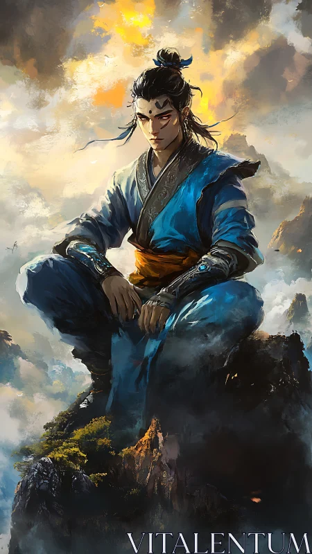 Dynamic wuxia warrior portrait with misty mountain vista.