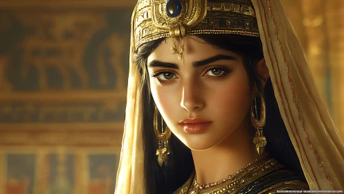 Regal young queen gazes calmly in warm golden palace light