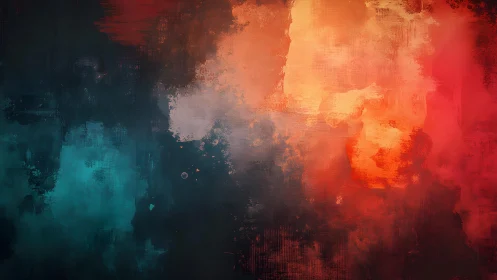 Abstract Colorful Painting With Fiery Red and Cool Blue Tones.