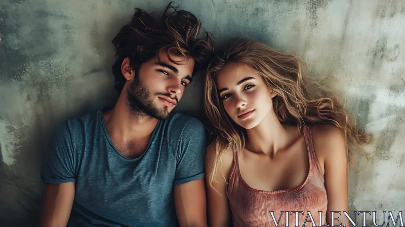Two figures posed against weathered wall surface