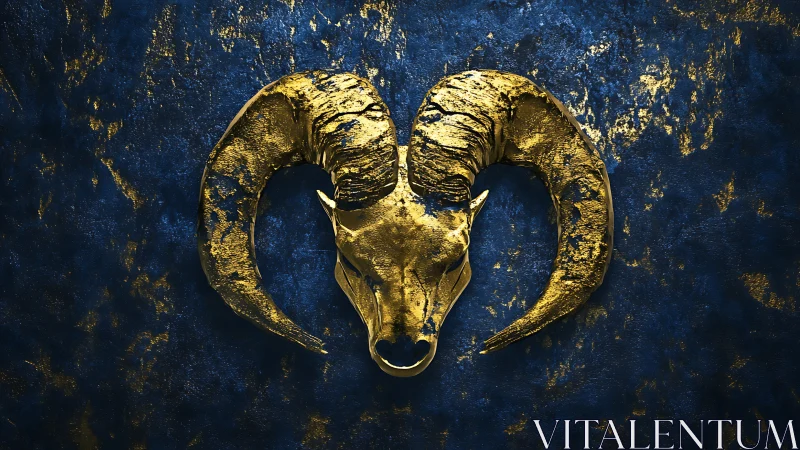 Gold ram skull relief with high-contrast textured blue ground