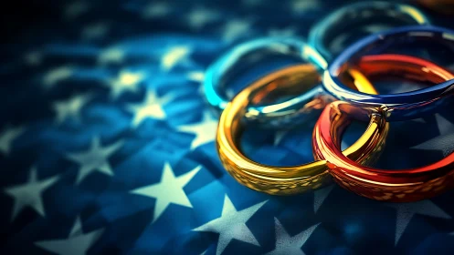 Shimmering Olympic rings lounge boldly on starry stripes