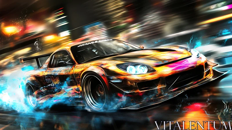 Neon street racer drifting through vivid city lights.