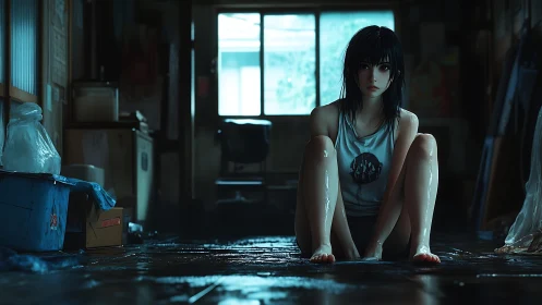 Rain-soaked girl in dim room cradles quiet urban heartbreak.