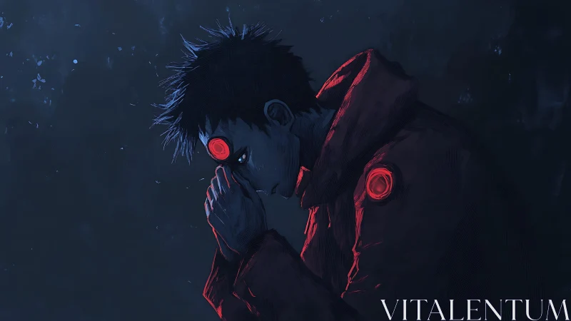 Brooding cyberpunk figure with glowing red implants in dusk.