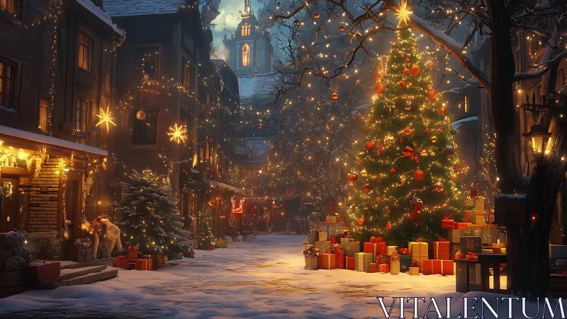 Snowy city street shows illuminated Christmas tree and gifts