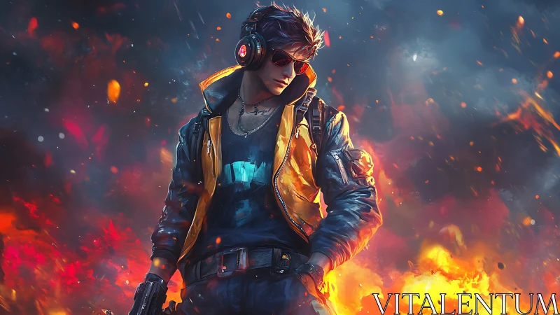 Cyberpunk gamer hero amid blazing futuristic inferno.
