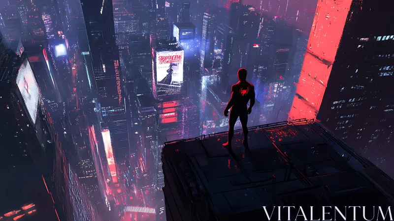 Silhouetted spider-hero surveying neon cyberpunk megacity skyline