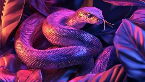 Neon-lit coiled snake rendered with high-detail reflective scales