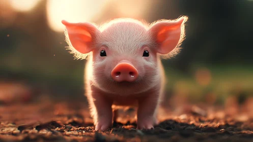Pink piglet standing on dirt path in warm sunset light.