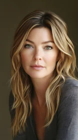 Calm portrait of woman with wavy blonde hair, neutral gaze.
