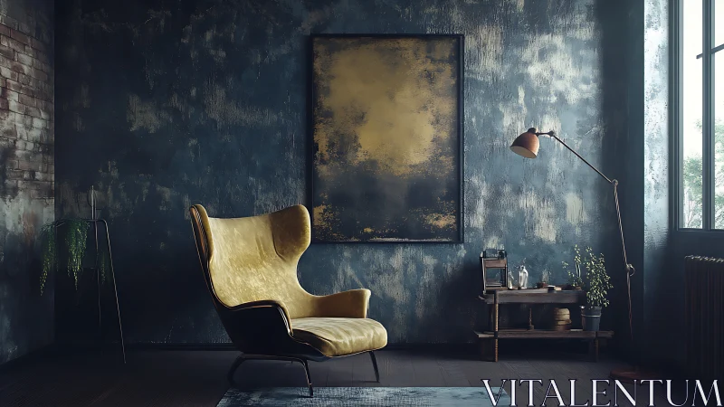 Moody loft lounge with golden accent chair and canvas.