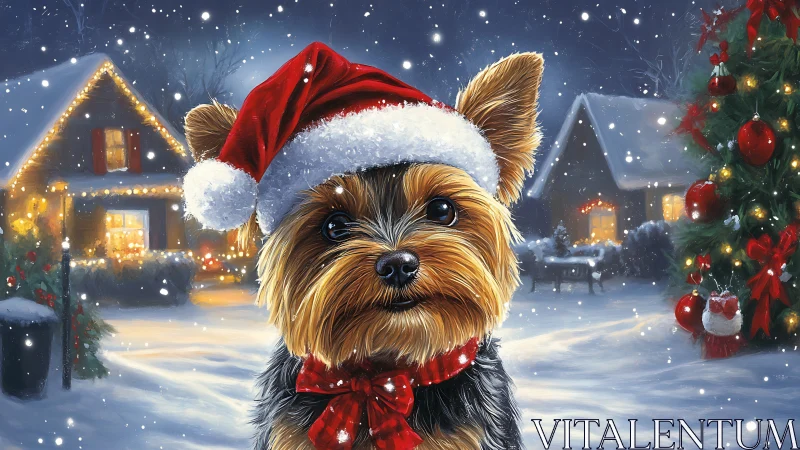 Yorkshire terrier wears Santa hat in snowy Christmas yard